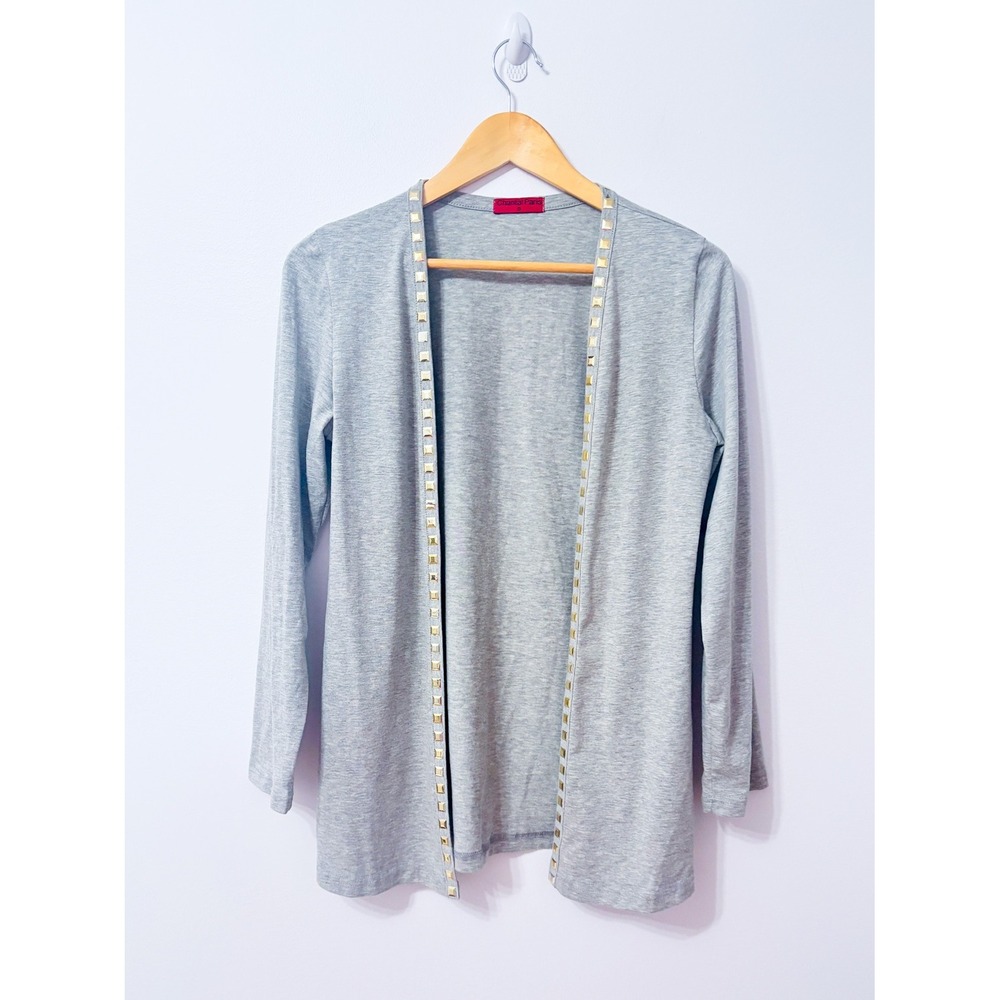 CHANTAL PARIS Grey Gold Studded Open Front Longline Cotton Cardigan Small